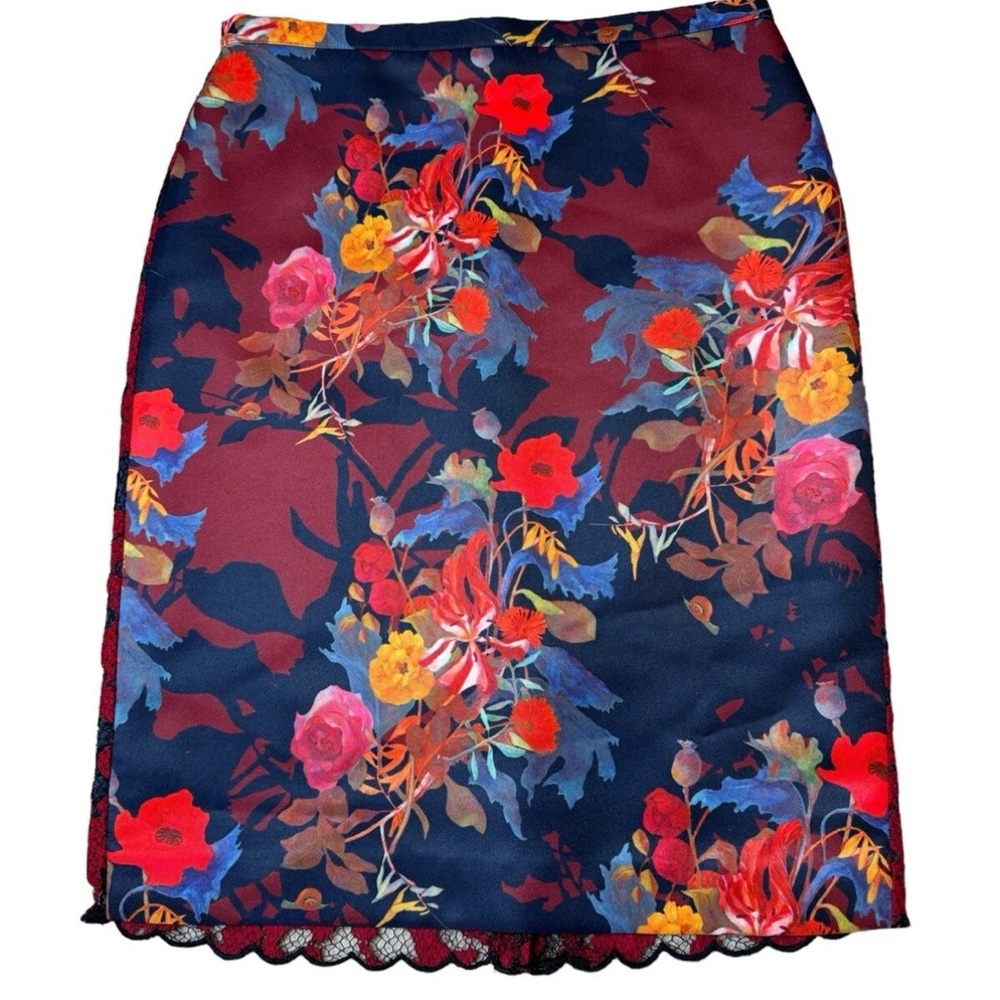 Anthropologie Leifsdottir Red Blue Lace Detail Floral Lined Pencil Skirt Quinn